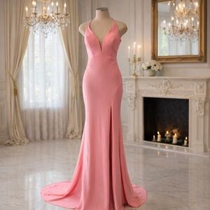 Prom Pink leg slit Backless evening gown Dress fit n flare v neck 4